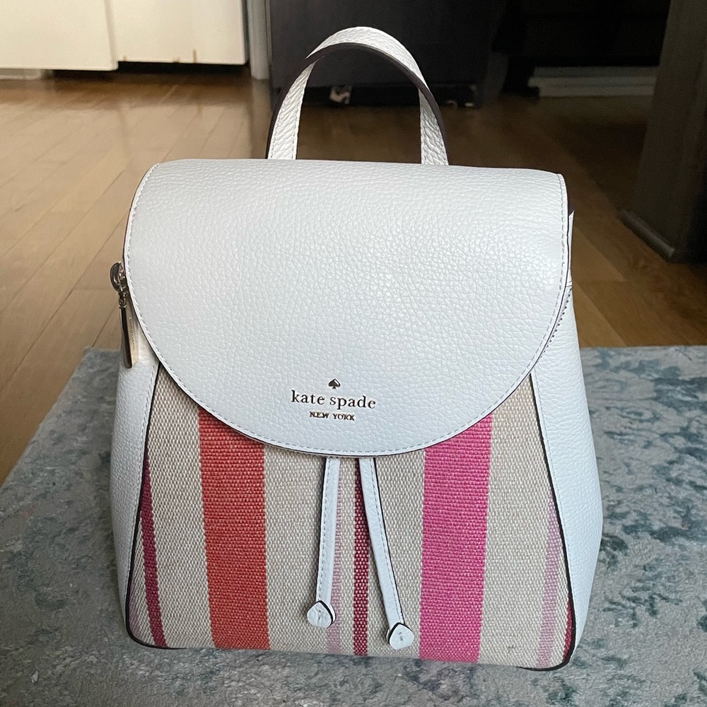 👛 BRAND NEW Kate Spade Leila Medium Flap Leather & Canvas Stripe Backpack Purse